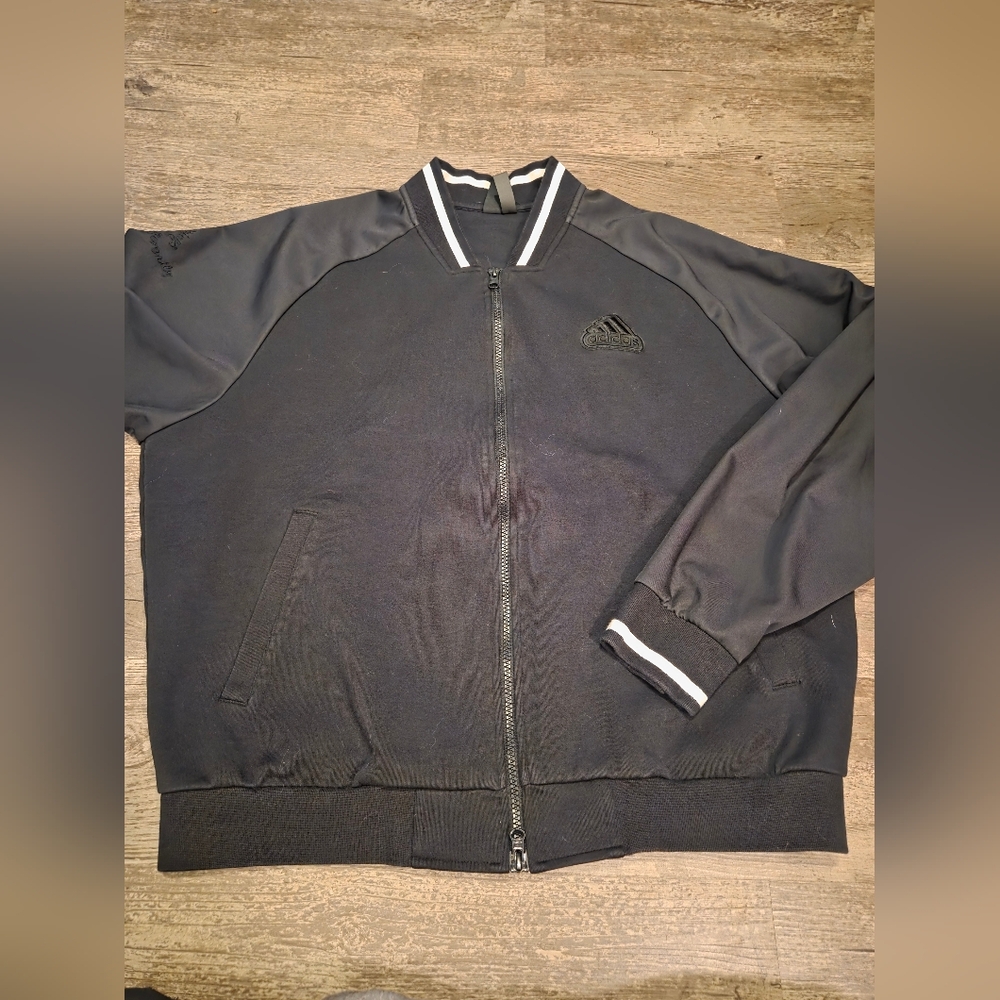 Adidas mens L varsity style light jacket black/cream inclusive phrases